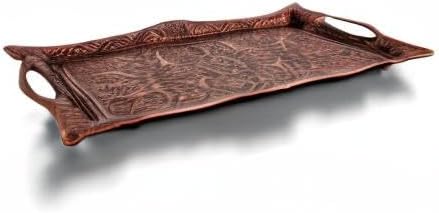 Metal Serving Tray with Raised Edges, Vintage Design Tray, Rectangular Metal Serving Tray, Decorative Serving Platter, Turkish Ottoman Coffee Tea Beverage Serving Square Tray (Aged Brown)