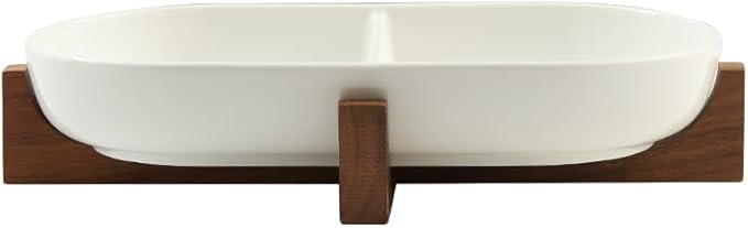 Divided Ceramic Serving Plate with Acacia Wood Base, Appetizers Platter for Home Decor(2-Compartment Plate), 12inch Divided Plate for Snack, Dessert, Fruit, Chip and Dip Serving Set