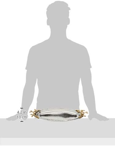 Elegance Golden Vine Hammered Stainless Steel Oval Tray, 16.5 by 10-Inch, Silver/Gold