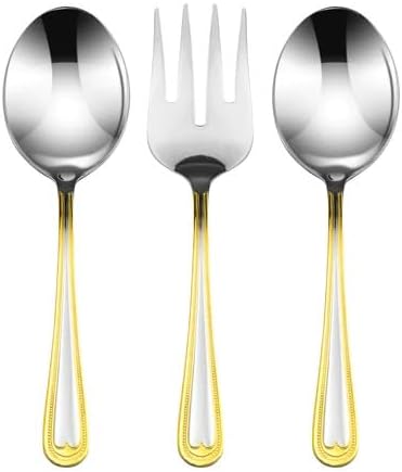 Venezia Collection 75-Piece Fine Flatware Set, Silverware Cutlery Dining Service for 12, Premium 18/10 Surgical Stainless Steel, 24K Gold-Plated (gold sets only) Hostess Serving Set (Beads)