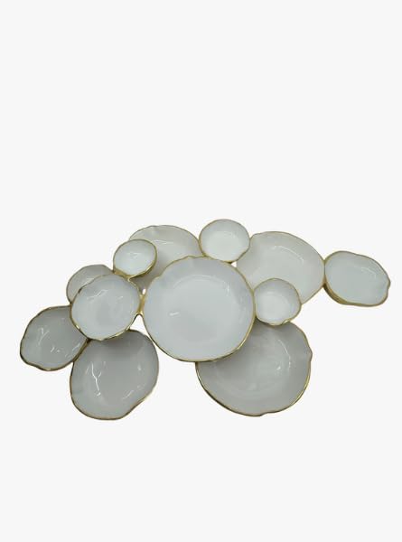 11 Cluster Serving Tray Gold and White, Handcrafted Aluminum Appetizer and Snack Platter, Food Safe Decorative Centerpiece 25 x 16 Inch