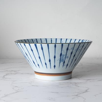 Ebros Gift Artistic Blue Waves Fubuki Tokusa Made In Japan Dinnerware Serveware Kitchenware Set Asian Japanese Restaurant Supply (Pack Of 6 Medium 38oz Ramen Soup Donburi Rice Salad Bowls)