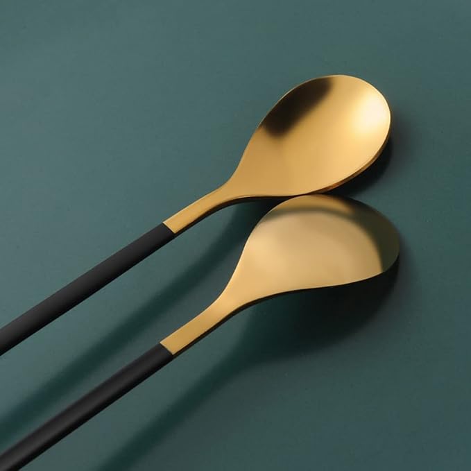 AnSaw 6-Piece Elegant Black & Gold Leaf Long Handle Teaspoons - 7.4" Stainless Steel Stir Spoons for Coffee & Tea, Perfect for Mixing & Stirring