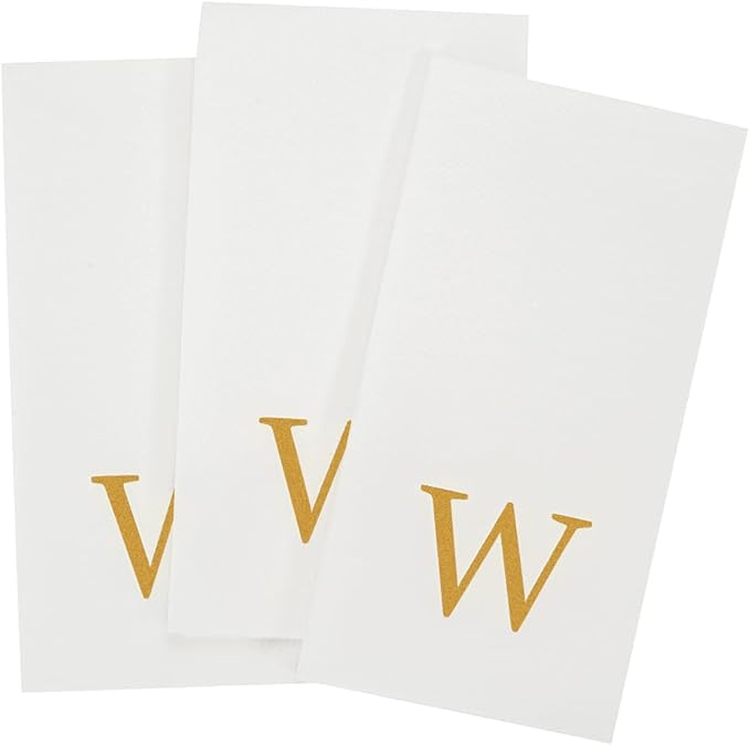 Luxenap 15.8 X 7.9 Inch Linen-Feel Guest Towels, 50 Lettered Hand Towels - Gold Letter 'W', Sans Serif Font, White Paper Dinner Napkins, airlaid, For Restrooms And Tables