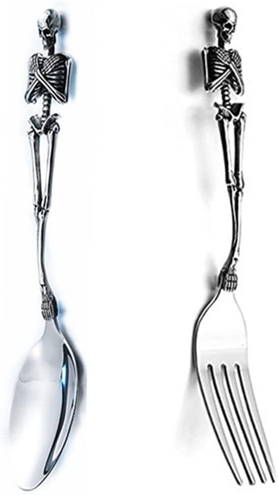 Stainless Steel Skeleton Skull Spoon and Fork Flatware Tableware Design Modern Look Great Gifts For Halloween Easter and Christmas (Spoon & Fork)