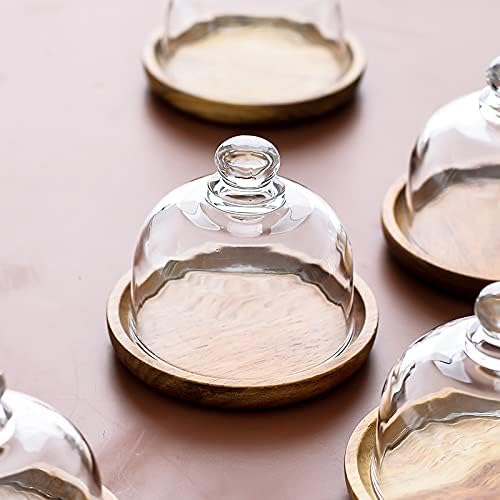 2 Pack Ultra Mini Wooden Base Cake Display Stand with Glass Dome,Cloche Clear Glass Bell Jar Cover for Dessert Cheese Candy Plants Succulents (4.1 x 3.7 inch)