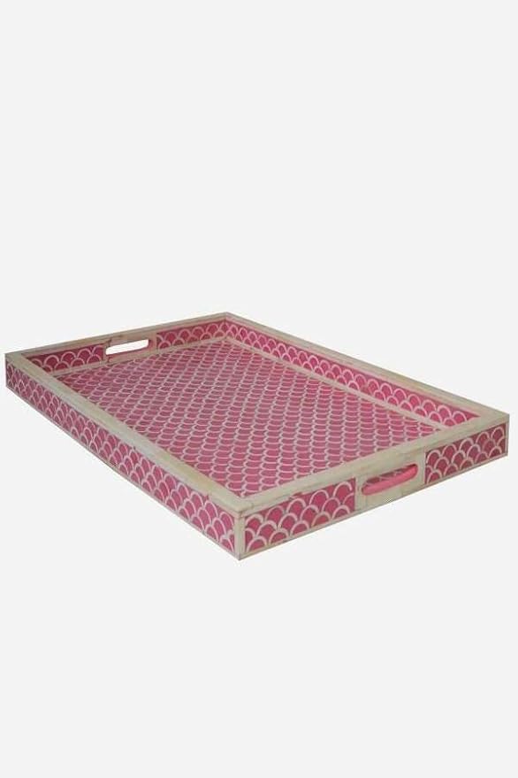 Hansa It's Worth IT Handmade Serving Tray Bone Inlay Decorative Rectangular Geometric Pattern Tray Elegant Fancy and Decorative Serving Platter for Tea, Kitchen, Coffee Table,Dining (Pink & White)