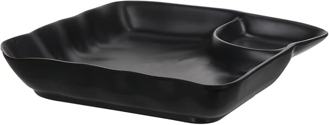 Kichvoe Black Divided Sushi & Dumpling Plate with Sauce Compartment | Japanese Serving Tray for Appetizers & Snacks, 6.88X6.88X1.37In