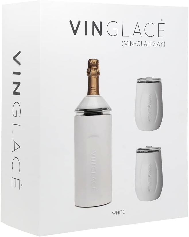 Vinglacé Wine Bottle Chiller Limited Edition Pickleball Gift Set- Portable Stainless Steel Wine Cooler with 2 Stemless Wine Glasses, Pickleball White