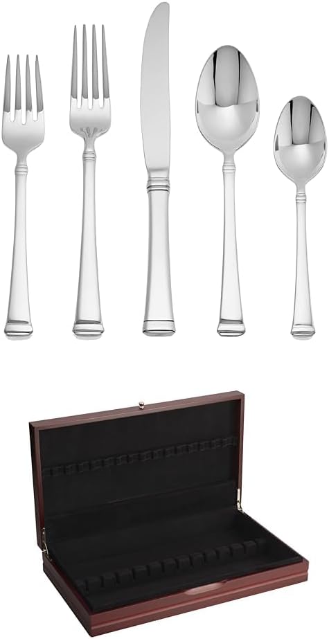 Mikasa Harmony 45-Piece 18/10 Stainless Steel Flatware Set with Serving Utensil Set, Service for 8 and 19 inch Flatware Storage Chest