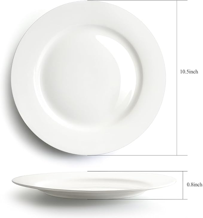 IQCWOOD Ceramic White Dinner Plates Set of 6, 10.5 Inch Round Plates for Pizza Salad Pasta Appetizer Steak Porcelain Serving Dishes Restaurant Dishes, Salad Plates, Scratch Resistant