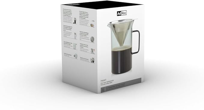 AdHoc Pour Over Coffee Maker - Manual Brewer for Ground Coffee - Reusable Stainless Steel Filter - Heat-Resistant Glass Coffee Dripper - Dishwasher Safe