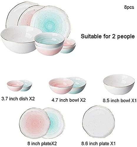 Dinnerware Sets Dish Set,8 Pcss,Irregular Porcelain Tableware Set with Plates Dish and Bowls,Pink Blue and White Ceramic Dinner Set