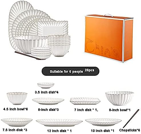 26 Pcs Dinnerware Sets, Porcelain Tableware Set with Plates and Bowls, White Ceramic Dinner Set for Home Kitchen and Dinning, Microwave and Dishwasher Safe, Service for 4/6,26Pcs/26Pcs