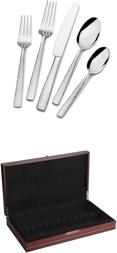 Mikasa Oliver Gleam 18/10 Stainless Steel Flatware Serving Utensils, 65 Piece Set, Silver, and 19 inch Flatware Storage Chest