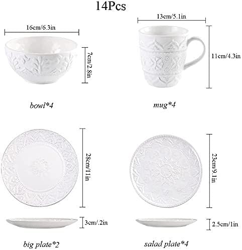 ☆Ceramic Dinnerware Set, 14 PCS Plates Set, Dishes Set, White Underglaze Dinner Sets - Retro Embossed Dinner Plate Soup Plate with Floral Pattern for Family Party, Service for 4,White, size