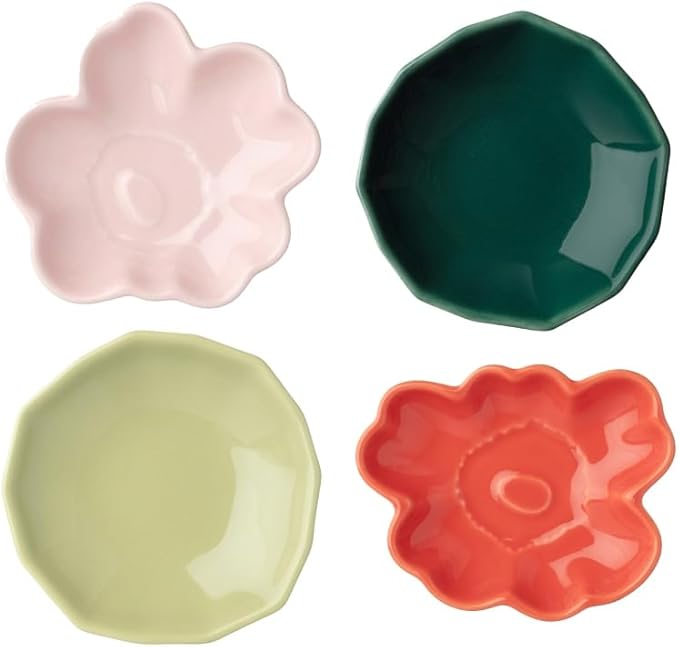 MARIMEKKO Unikko & Kivet Small Plates Set of 4 – Refine Your Table Décor with Iconic Pink, Pear, Orange Red & Dark Green Stoneware – Stylish Ceramic Plates for Snacks, Condiments & Jewelry (3.5”)