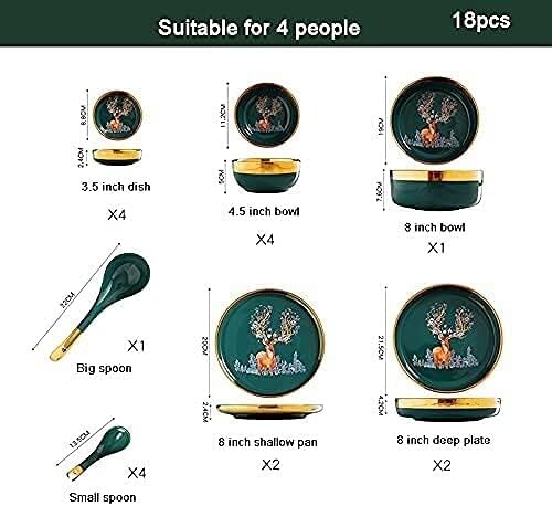 Dining Plate Set 33 Pcs Dinnerware Sets European Style Porcelain Tableware Set with Plates and Bowls Green Auspicious Deer Ceramic Dinner Set (Green 18pcs)