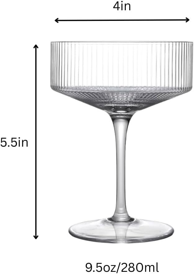 LEMONSODA Ribbed Martini Coupe Glasses - Classic Barware for Espresso Martini, Manhattan, Cosmopolitan – Handcrafted Luxury Glassware for Home Entertaining (Ribbed 9.5oz, Set of 24) (2267)