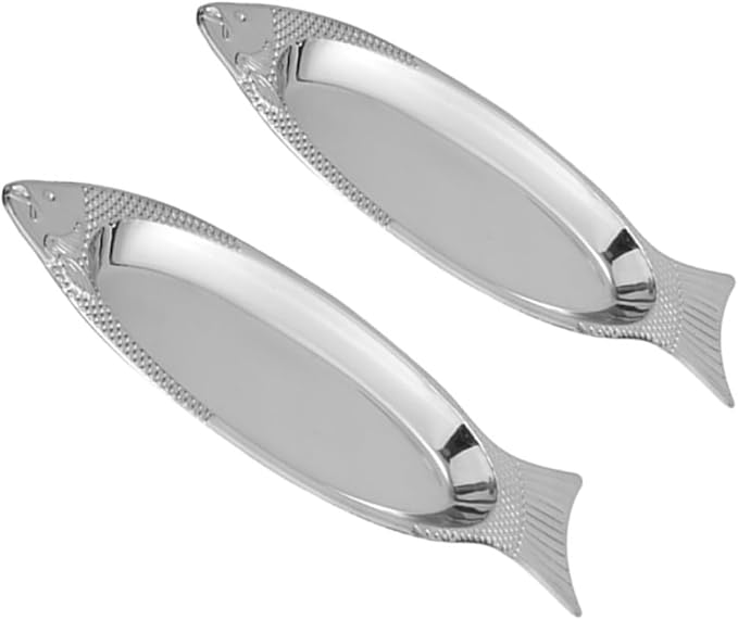 Ciieeo 2Pcs Stainless Steel Fish Shaped Plates Creative Food Trays for Serving Fish and Kitchen Dishware Silver