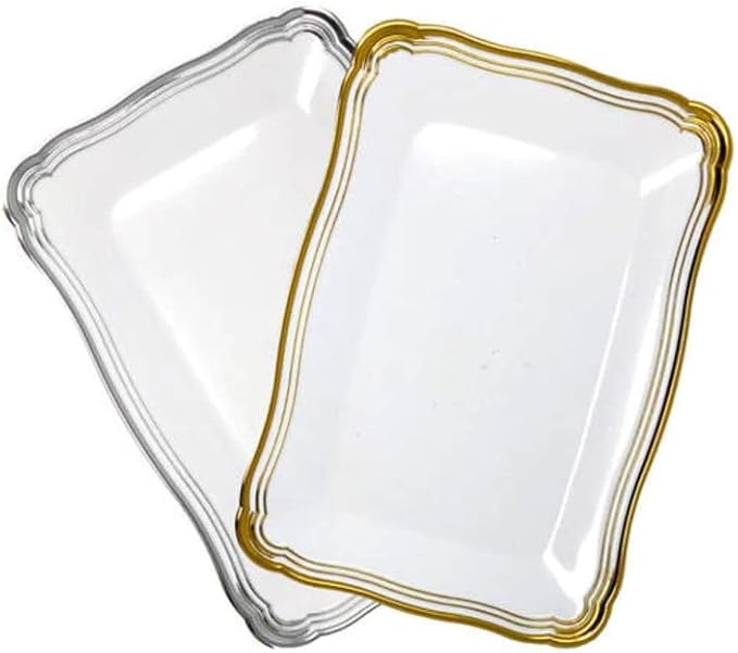 's Aristocrat Collections:13 X 9 inches Rectangular Serving Trays White & Silver Border: BPA Free for All Occasions: 4CT