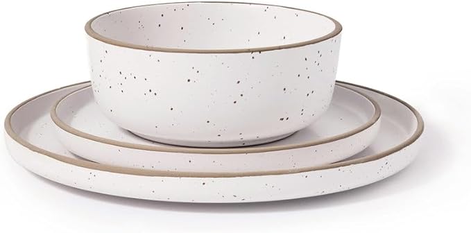 Godinger Inwood White Speckled Stoneware 12-Piece Dinnerware Set – Rustic Glazed Plates and Bowls, Service for 4, Microwave & Dishwasher Safe