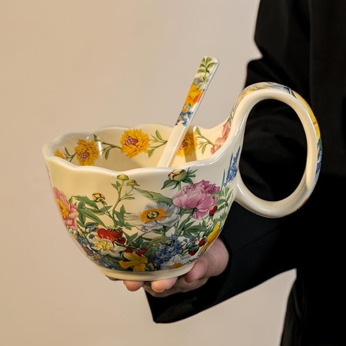 16.91oz/500ml Handpainted Soup Bowl with Handle,Ceramic Cereal Bowl Microwave &Dishwasher Safe,Loop Handle Bowl Great for Soup,Yogurt,Snack,Chip,Stew,Ice Cream,Coffee (Peony)