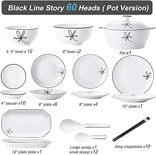 60-Pieces Porcelain White Dinnerware Sets - Dinner Plates and Bowls Sets, Ceramic Dishes Set Service for 8/10/12, Creative Series Dinner Plates