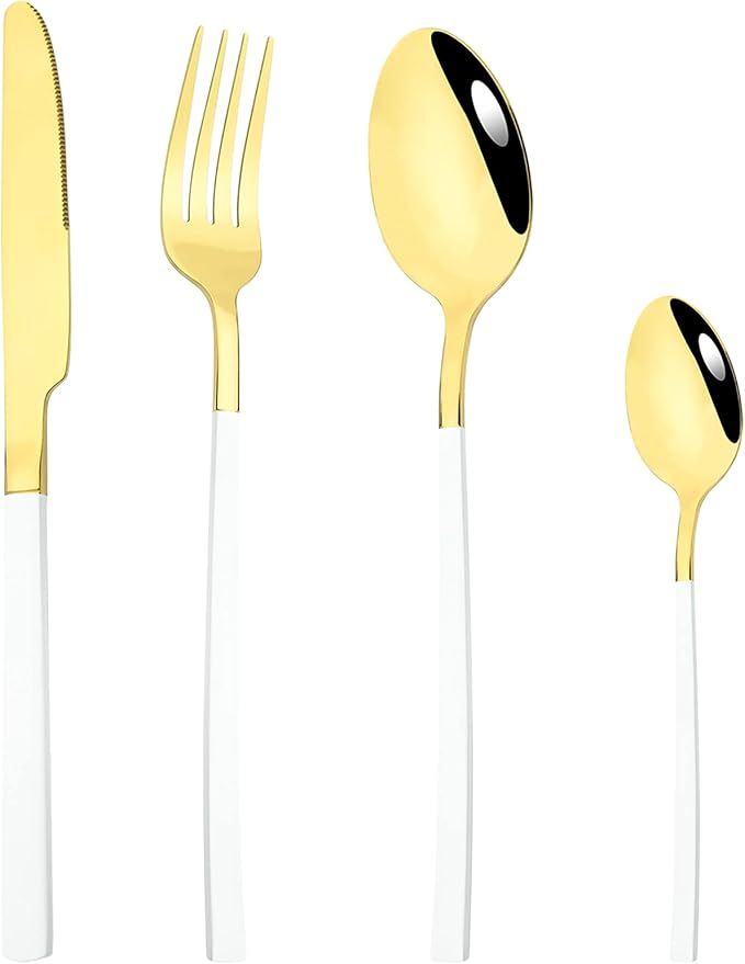 24-Piece Flatware Set, 18/0 Stainless Steel Knife Fork Spoon Teaspoon Silverware Set, Service for 6, White slender handle Gold