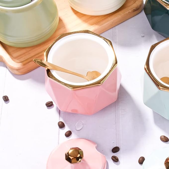Sugar Bowl with Lid and Spoon, 9.5 oz Ceramic Sugar Bowl,Multi-Function Sugar Container Spice Container Salt Jar Condiment Bowls Sugar Jar for Kitchen Storage Organization 9.5 oz(280ml (Pink)