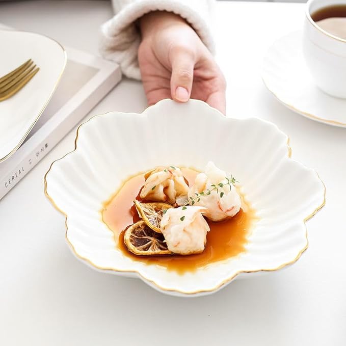 Kitchen Plates Flower Shape Ceramic Plate Nordic Floral White Porcelain Dinner Plate Soup Salad Bowl Dessert Dish Tableware Restaurant Plates(9 inches)