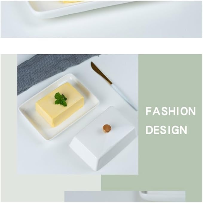 Butter Dish Creative European Style Simple Ceramic Butter Box with Lid Plate Dish Wooden Handle Snack(Small)
