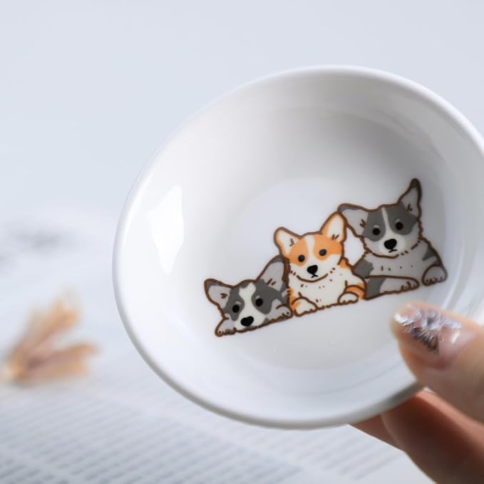 Cute Cartoon Animals Pattern Ceramic Sauce Dishes, Seasoning Dishes, Sushi Soy Dipping Bowls, Appetizer Plates, Dessert Plates, Little Cat Bird Feeding Bowls, Set of 6-Corgi-A-3.5 Inch