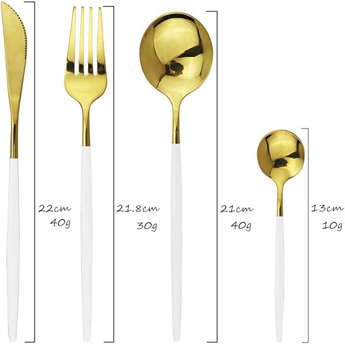 JASHII 24 Piece Titanium White And Golden Plated Stainless Steel Flatware Set, White Handle With Golden Mouth Silverware Set White And Golden Cutlery Set Service for 6 (Handle White,Shiny Golden)