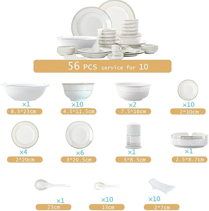 White Round Porcelain Dinnerware Set, Dishes/Plate/Bowl Set, Fine Bone China Dinnerware Sets Clearance, Collection Ceramic Kitchen And Dining Sets For Home,B 56 Pcs Servi-B 56 Pcs Service for 10