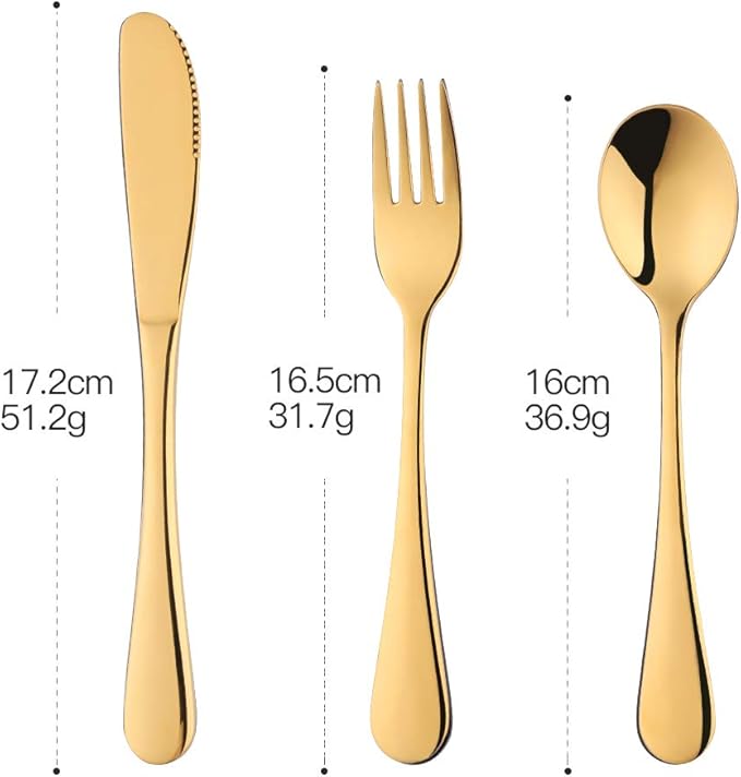 Flatware Silverware sets, 6pcs 18/8 Stainless Steel Student Cutlery Serving for 2, BPA-free Self-feeding Safe Kitchen Utensils, Mirror Polished (Gold)