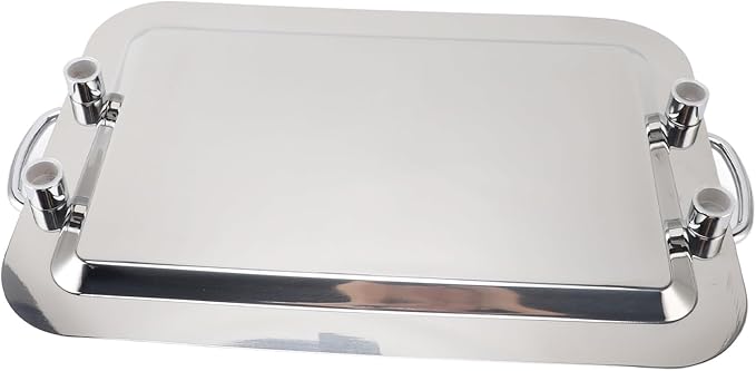 Stainless Steel Serving Tray, Stainless Steel Platter with Handle Multifunction Portable Metal Serving Tray Dinner Plate for Coffee Desserts Cakes (Rectangle Shape with Silver Handle, 47.5cm)
