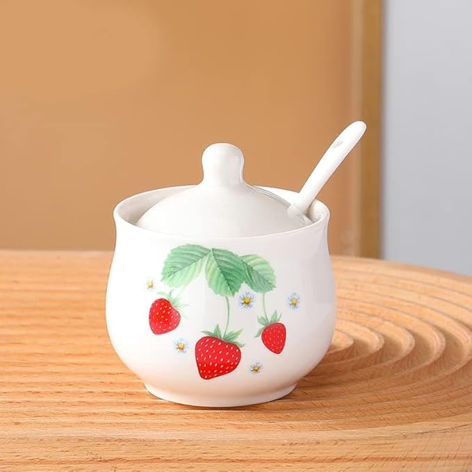 Ceramic Strawberry Sugar Bowl Storage Jar with Lid and Spoon,1pcs