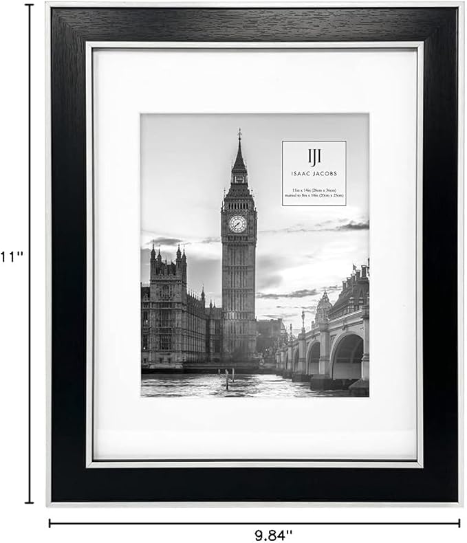 Isaac Jacobs 11x14 (Matted 8x10) Black w/White (Vertical & Horizontal) Double Border Picture Frame, Wall-Mountable, Made for Photo Gallery and Wall Art, Home or Office (11x14, Black W/White)