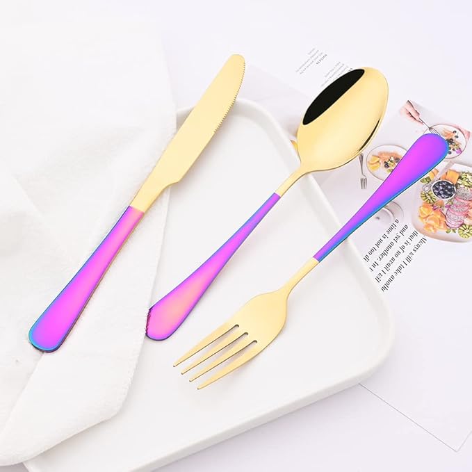 Shiny Gold Silverware Set with Rainbow Handle - 4 Pcs Flatware Cutlery Set for 1 - Spoon Fork Knife Teaspoon Utensils Tableware Set for Travel Camping - Mirror Polished & Dishwasher Safe