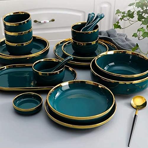 Dinnerware Sets Gilt Rim White Porcelain Set Kitchen Plate Ceramic Tableware Food Dishes Rice Salad Noodles Bowl Mug Cutlery,C