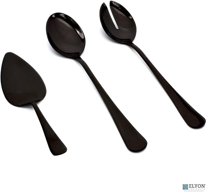 Elyon 3-Piece Black Flatware Serving Spoons, Stainless Steel Hostess Set, Reflective Mirror Finish, Salad Servers with Complimentary Pie Pastry Server, Reusable Dishwasher Safe