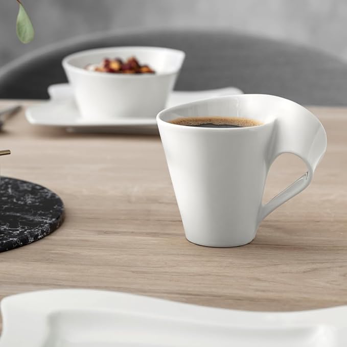 Villeroy & Boch New Wave 4-Piece Place Setting Dinner, Salad Plate, Bowl, and Mug – Premium Porcelain Dinnerware, White
