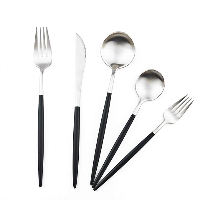 Gugrida Luxury Flatware, Royal 5 Piece Matte Black Handle 18/10 Stainless Steel Tableware Sets for 1 Including Forks Spoons Knives, Camping Silverware Travel Utensils Set Cutlery (Black Silver)