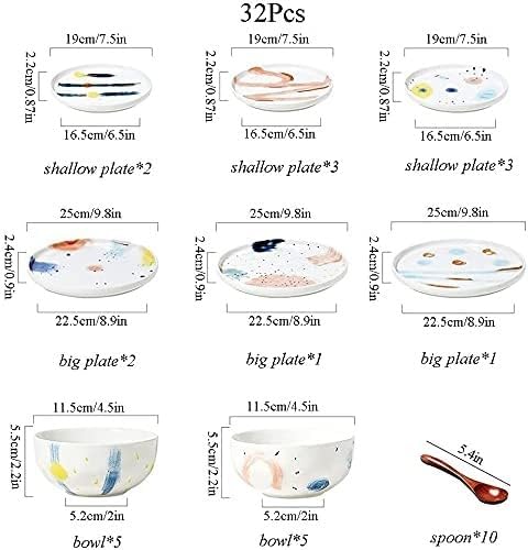 ☆Ceramic Dinnerware Set of 32, Plates Set, Dishes Set, Starlight Series Underglaze Porcelain Dinner Sets, Hand Painted Pattern White Plates Set for Family Party,White, size