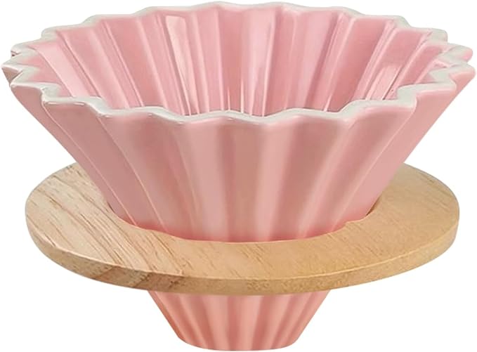 Ceramic Coffee Dripper Pour Over Coffee Maker with Wood Stand Elegant Flower Shape Filter (pink)