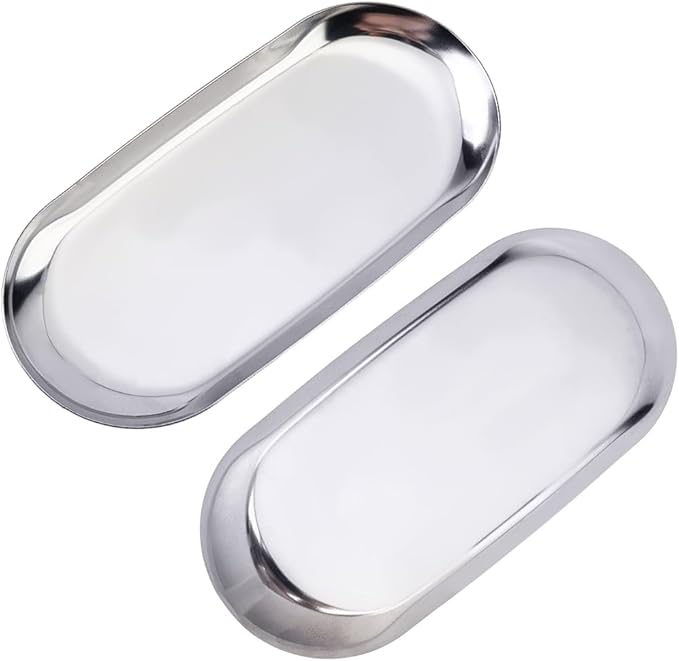 CRASPIRE 7 x 3.47 inch Small Silver Stainless Steel Trinket Tray Small Storage Trays Metal Jewelry Dish Food Plate Cosmetics Organizer for Serving Platter Jewelry Towel Bathroom Clutter Decorations