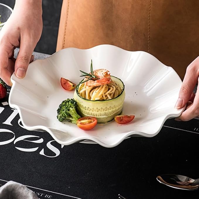 Modern Large Dinner Plates Ceramic Lotus Leaf Soup Plate Special-shaped Western-style Appetizer Creative Household Fruit Kitchen Irregular Pure White Dessert Tableware Stackable Dinner Plates