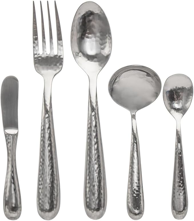 Ricci Argentieri Florence Flatware Set, 18/10 Stainless Steel Flatware with Serving Spoon, Salad Fork, Cheese Knife and Teaspoon, 5 Piece Set