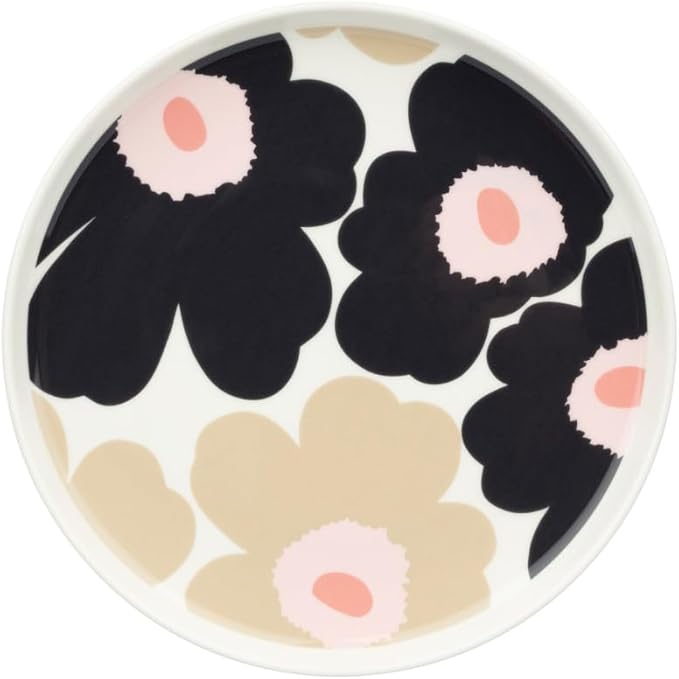 MARIMEKKO Oiva Unikko Dinner Plate – Refine Your Kitchen Décor with Our Iconic Charcoal and Pink Stoneware – Stylish Porcelain Plates to Elevate Your Dining Experience (8 inches)